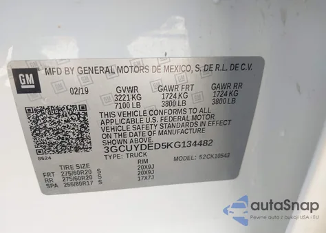 2019 Chevrolet Silverado 1500 Lt z USA, uszkodzony, nr VIN 3GCUYDED5KG134482